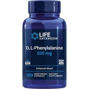 image:imageLife Extension D LPhenylalanine Capsules 500 mg  Supports Mood Health Promotes Neurotransmitter Health  GlutenFree NonGMO Vegetarian  100 Capsules