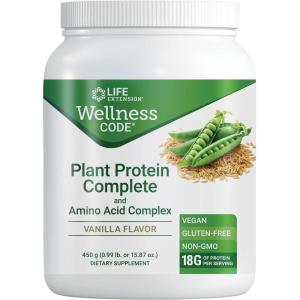 image:imageLife Extension Wellness Code Plant Protein Complete amp Amino Acid Complex Vanilla PlantBased Protein Powder Plus branchedChain Amino acids GlutenFree NonGMO Vegetarian 450 Grams