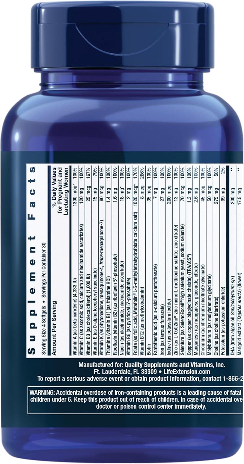 image:imageLife Extension Prenatal Advantage Womens multivitamin Baby Support folic Acid Choline omega3s Vitamin C D3 B1 B6 B12 zinc niacin Gluten Free NonGMO 120 softgels