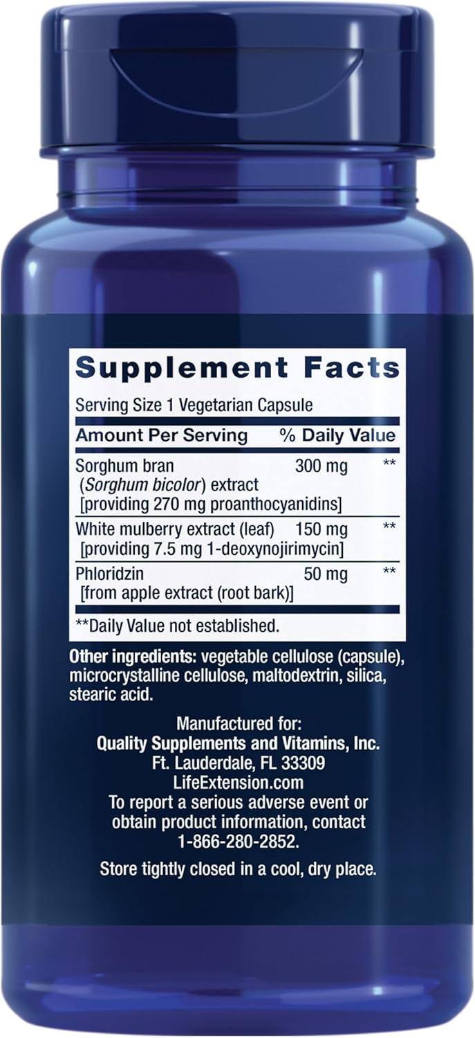 image:imageLife Extension Tri Sugar Shield Sorghum bran White Mulberry phloridzin Apple polyphenol Three Botanical extracts Promote Healthy Glucose Metabolism GlutenFree NonGMO Vegetarian 60 Capsules