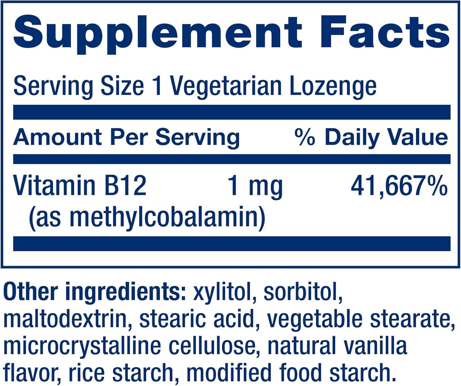 image:imageLife Extension Vitamin B12 Methylcobalamin Nerve Health Supplement Cognitive Support Energy Vitamin methylcobalamin B12 1 mg QuickDissolving Vegetarian 60 lozengesStandard Packaging