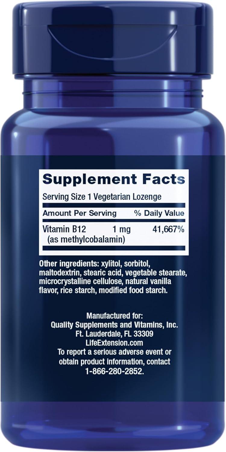 image:imageLife Extension Vitamin B12 Methylcobalamin Nerve Health Supplement Cognitive Support Energy Vitamin methylcobalamin B12 1 mg QuickDissolving Vegetarian 60 lozengesStandard Packaging