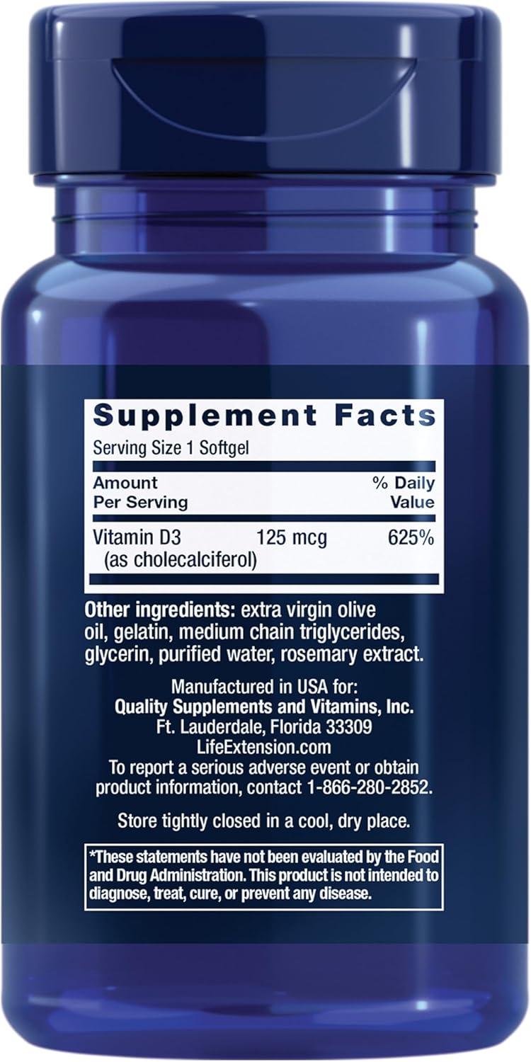 image:imageLife Extension Vitamin D3 125 mcg 5000 IU Bone Health Brain Performance Immune System Support GlutenFree NonGMO Once Daily TwoMonth Supply 60 Softgels Pack of 260 Count Pack of 2