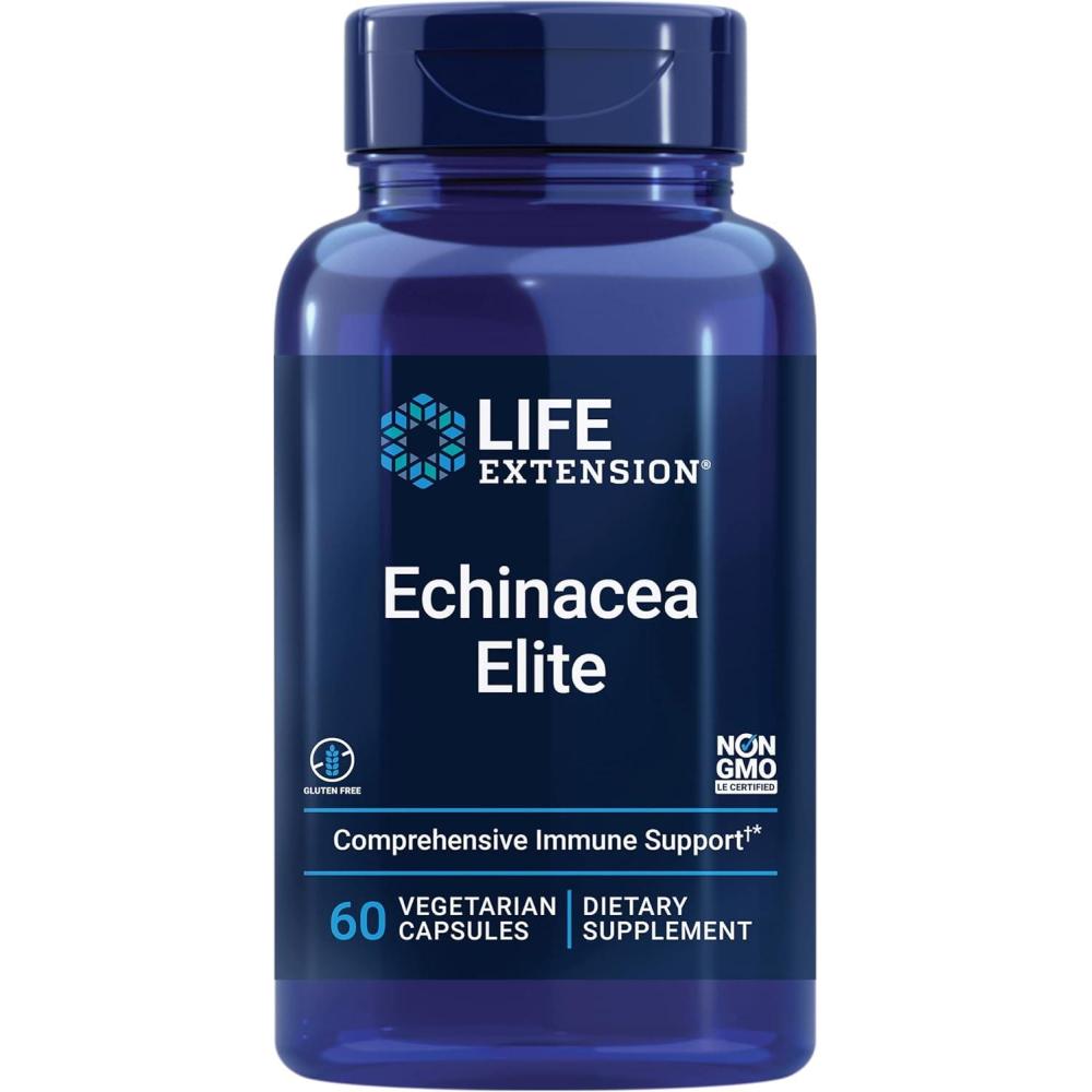 image:imageLife Extension Echinacea Elite E purpurea E angustifolia WholePlant Extract Immune Support Dualextracts standardized Formula Gluten Free NonGMO Vegetarian 60 Capsules