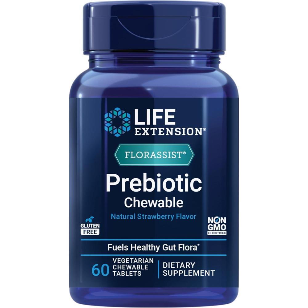 image:imageLife Extension FLORASSIST Prebiotic Chewable Strawberry 1000 mg xylooligosaccharides prebiotic Supplement Provides Fuel for Gut Flora GlutenFree NonGMO Vegetarian 60 chewable Tablets