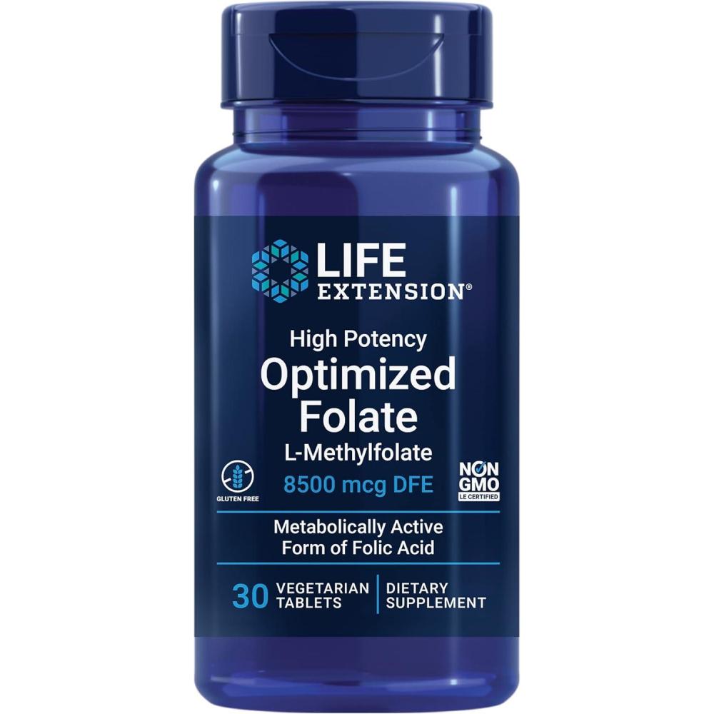image:imageLife Extension High Potency Optimized Folate Lmethylfolate Folic Acid 8500 mcg DFE Heart amp Brain Support Healthy Homocysteine Levels GlutenFree NonGMO Vegetarian 30 Tablets
