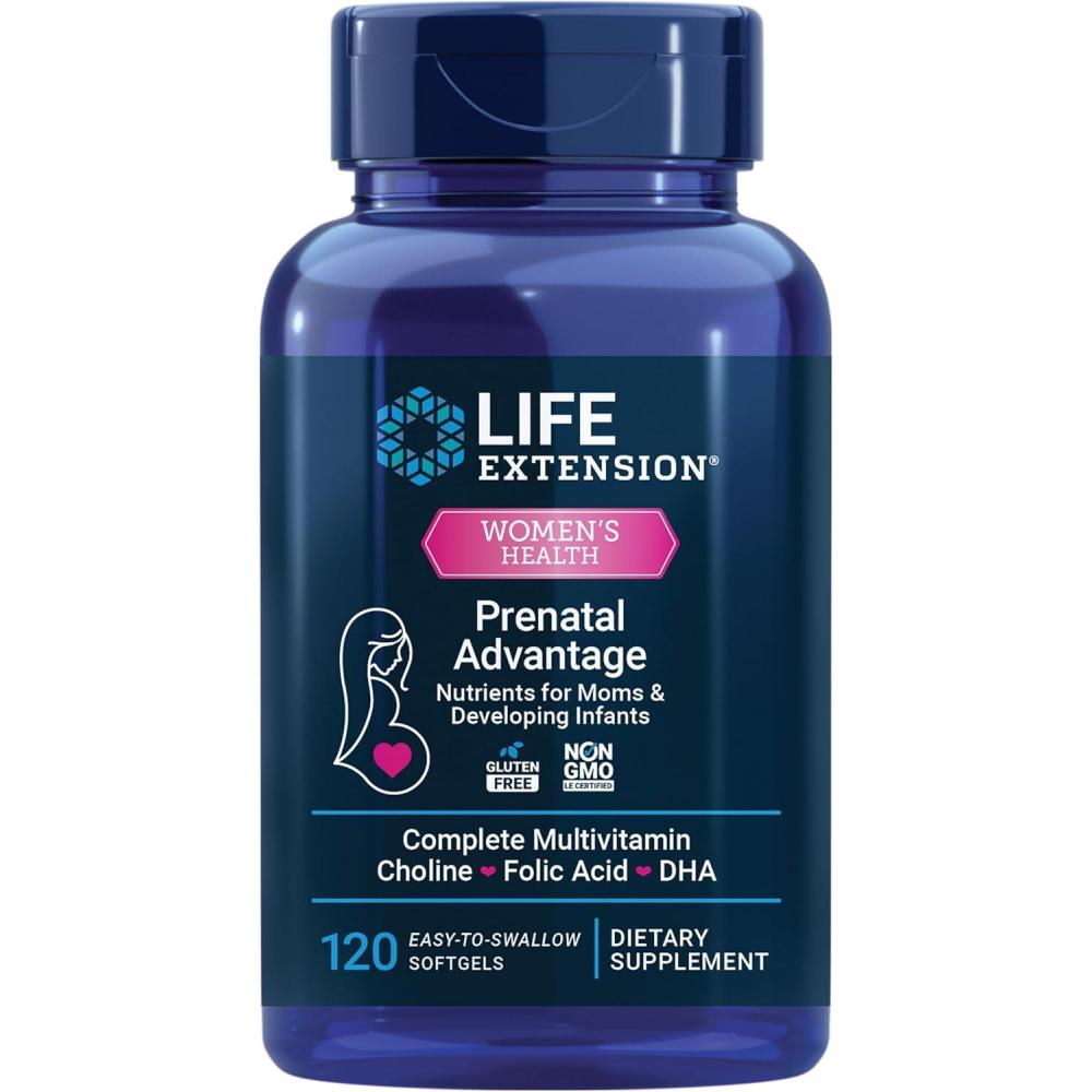 image:imageLife Extension Prenatal Advantage Womens multivitamin Baby Support folic Acid Choline omega3s Vitamin C D3 B1 B6 B12 zinc niacin Gluten Free NonGMO 120 softgels