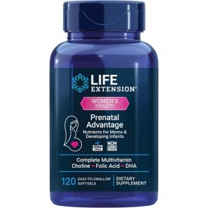 image:imageLife Extension Prenatal Advantage Womens multivitamin Baby Support folic Acid Choline omega3s Vitamin C D3 B1 B6 B12 zinc niacin Gluten Free NonGMO 120 softgels