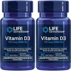 image:imageLife Extension Vitamin D3 125 mcg 5000 IU Bone Health Brain Performance Immune System Support GlutenFree NonGMO Once Daily TwoMonth Supply 60 Softgels Pack of 260 Count Pack of 2
