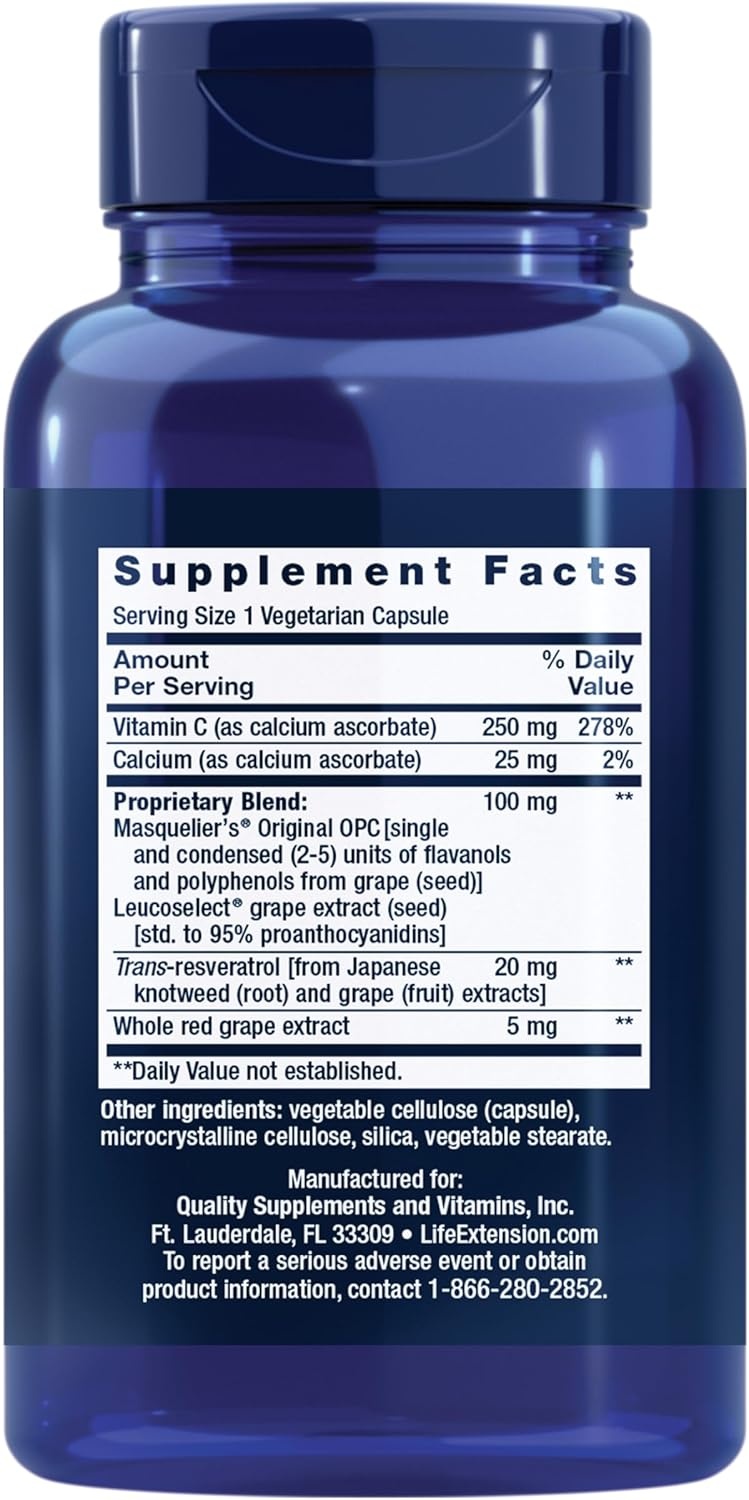 image:imageLife Extension Grapeseed Extract Vitamin C Calcium resveratrol polyphenols Cardiovascular Health antioxidant Protection GlutenFree NonGMO Vegetarian 60 Capsules