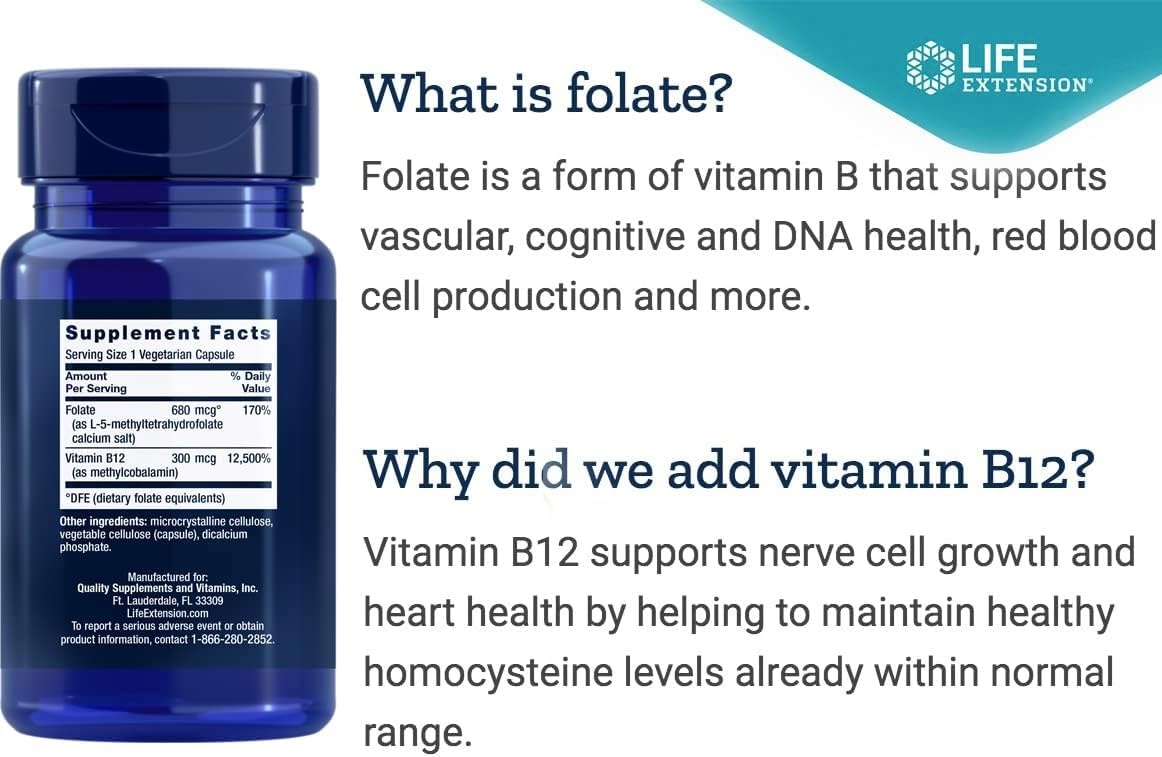 image:imageLife Extension BioActive Folate amp Vitamin B12 150 Vegetarian Capsules Pack of 2 Non GMO Gluten Free