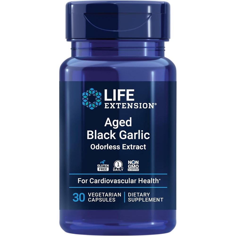image:imageLife Extension Aged Black Garlic Heart Health Support Supplement Blood Pressure Health Support Cholesterol Health Support OnceDaily Gluten Free Vegetarian NonGMO 30 Capsules